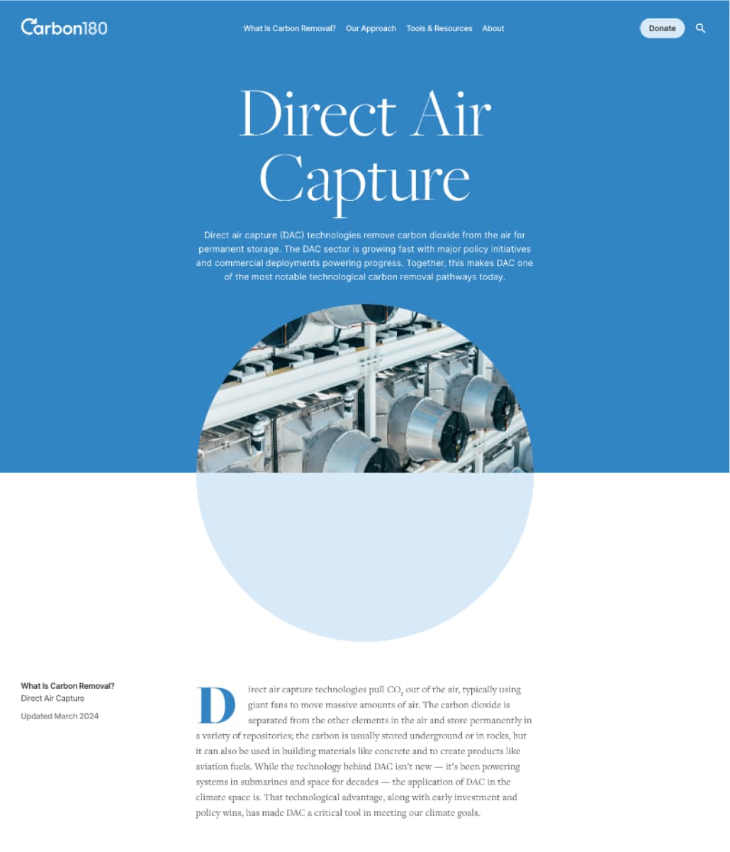 A screenshot of a the direct air capture pathways page on the carbon180 website.