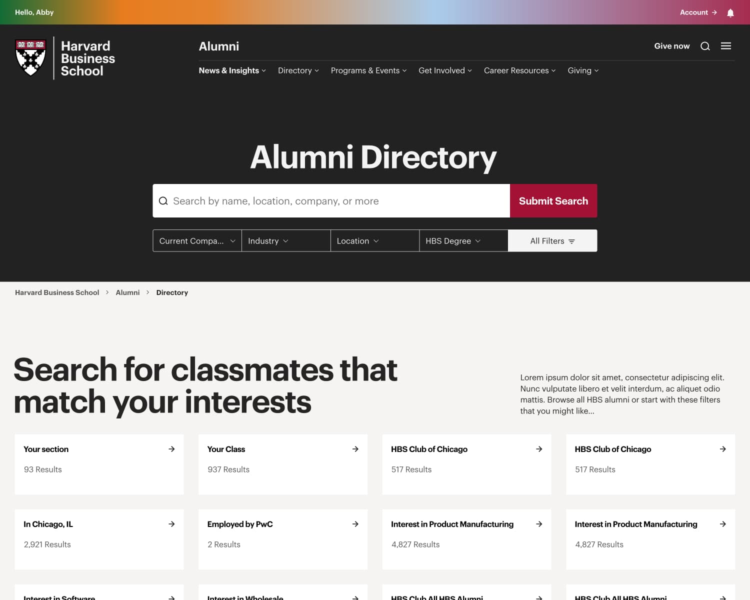 A screenshot of the HBS alumni directory search.